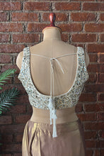 Load image into Gallery viewer, Bronze shimmer Pre-stitched saree with Mirror blouse
