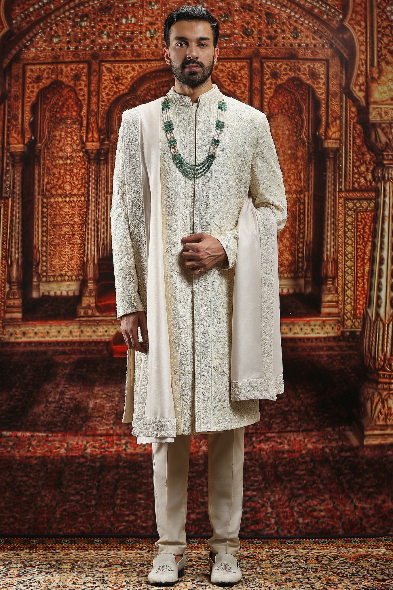 Off-White silk sequins Embroidered Sherwani