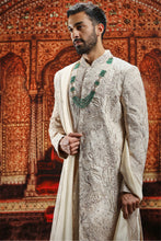Load image into Gallery viewer, Beige Raw Silk moti Embroidered sherwani
