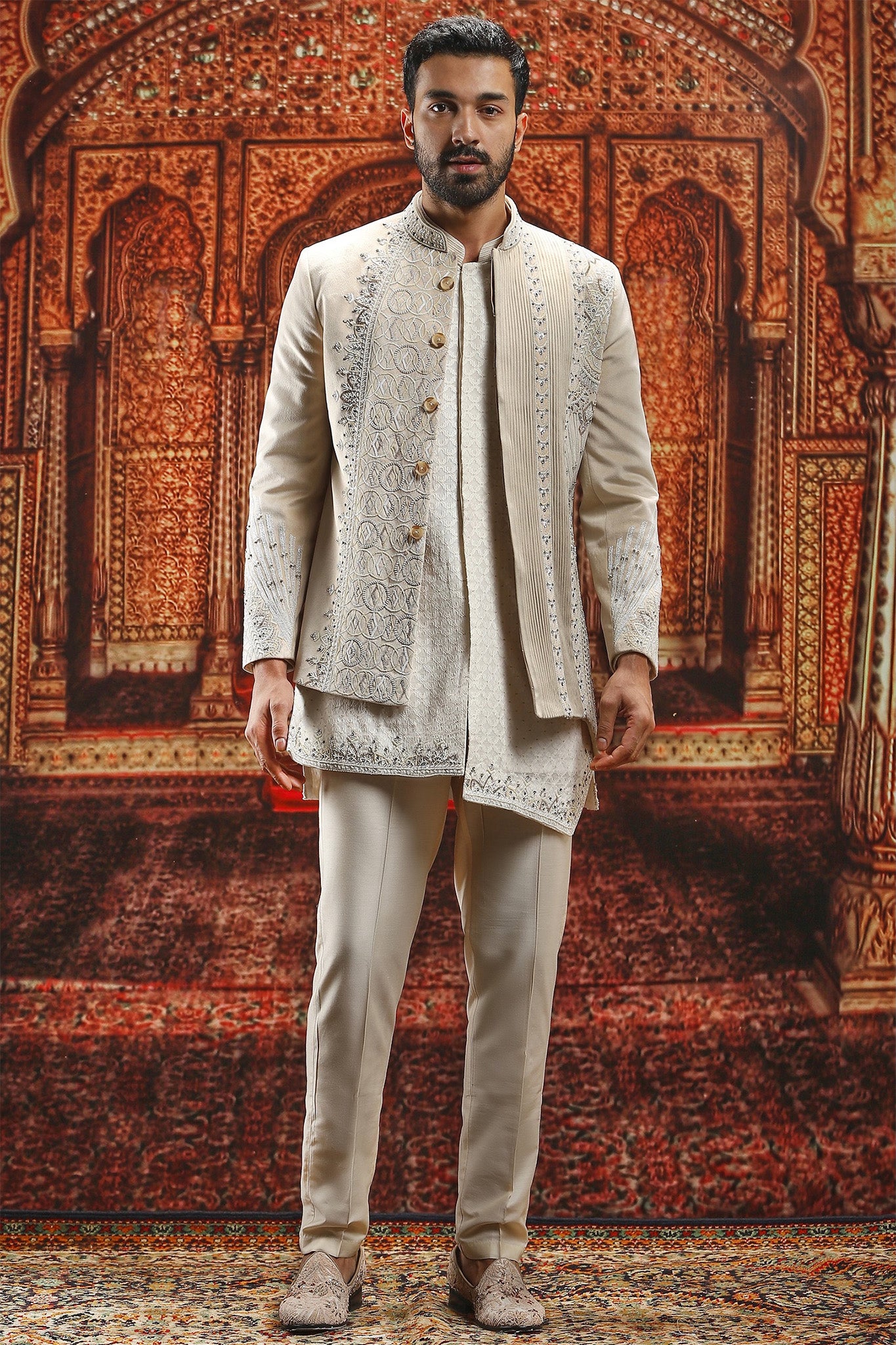 Beige Velvet Bandhgala with Asymmetrical Kurta