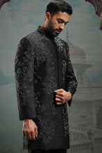 Load image into Gallery viewer, Black Moti Raw Silk Embroidered Sherwani
