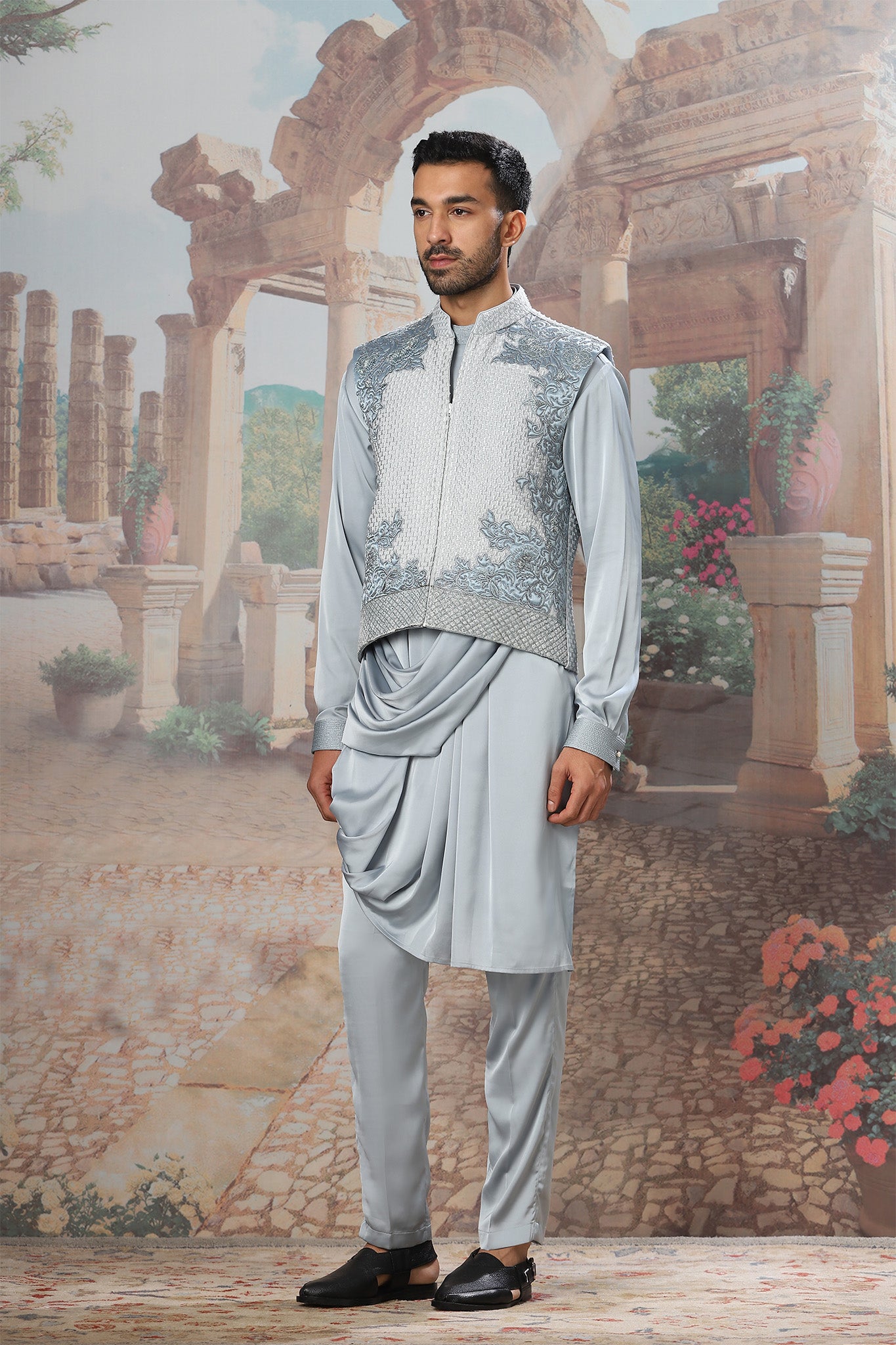 Sapphire Wave Velvet Embroidered Kurta Bundi Set