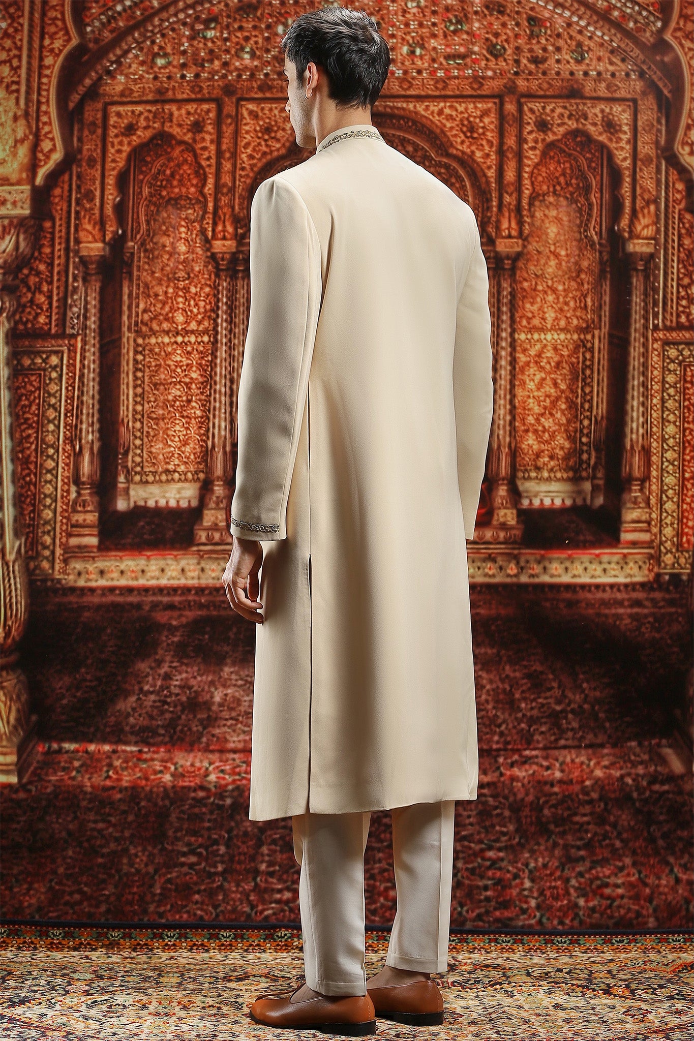 Beige chanderi silk Sherwani Sequin Embroidery