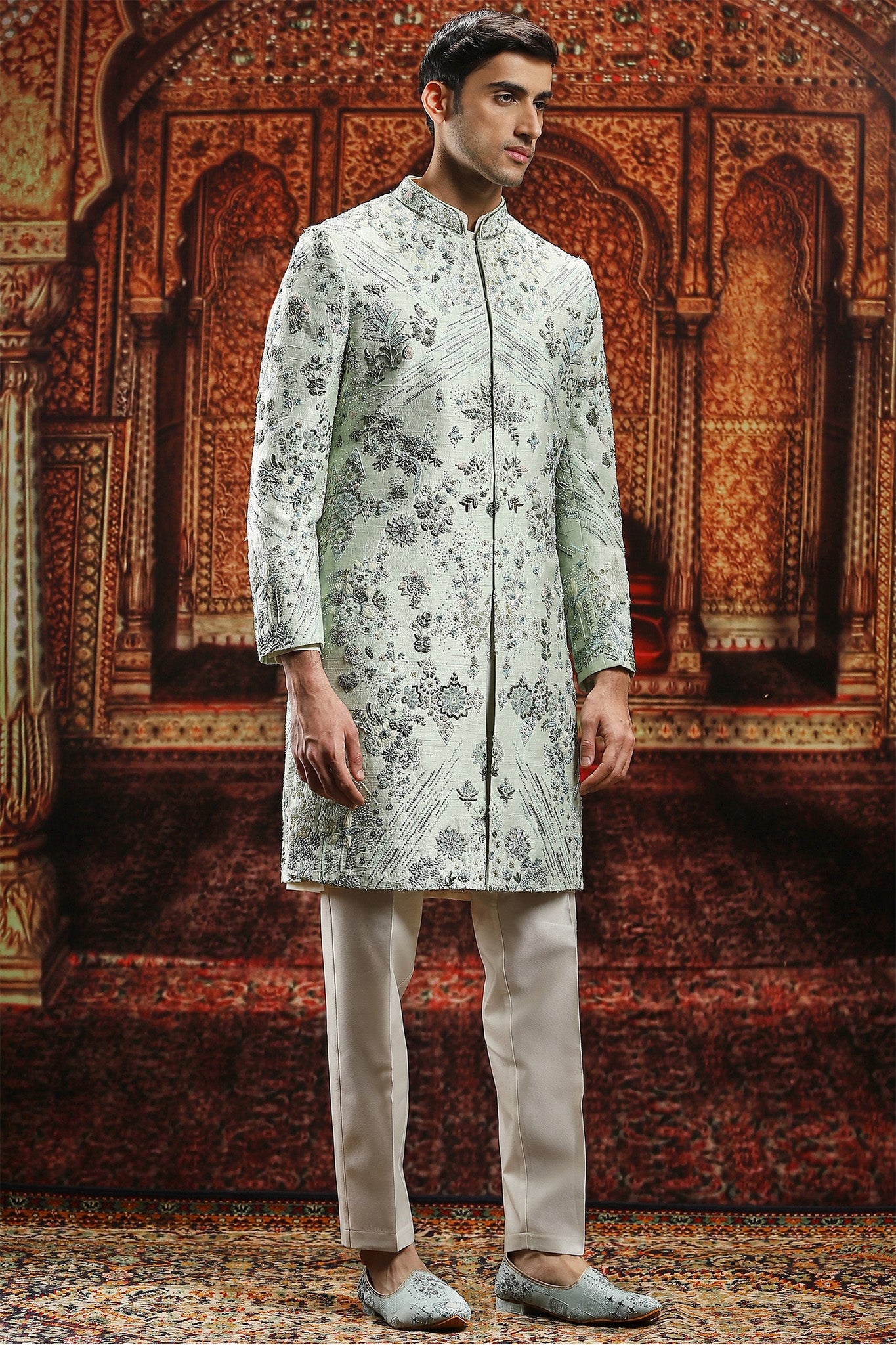 Leafy Floral Silk Dabka Embroidered Sherwani