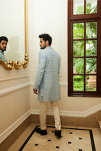 Load image into Gallery viewer, POWDER BLUE RAW SILK OPEN SHERWANI  JACKET WITH KURTA AAND TROUSER

