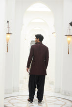 Load image into Gallery viewer, BURGUNDY RAW SILK EMBROIDERED SHORT SHERWANI WITH KURTA AND SALWAR
