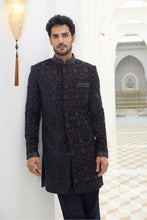 Load image into Gallery viewer, MIDNIGHT BLUE EMBROIDERED  VELVET SHORT SHERWANI WITH KURTA AND TROUSER

