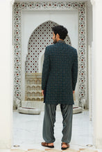 Load image into Gallery viewer, TEAL BLUE RAW SILK SHORT SHERWANI WITH GUNMETAL GREY KURTA AND SALWAR
