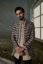Load image into Gallery viewer, BEIGE AND BLACK PRINTED RAW SILK JACKET WITH BEIGE KURTA AND BLACK TROUSER
