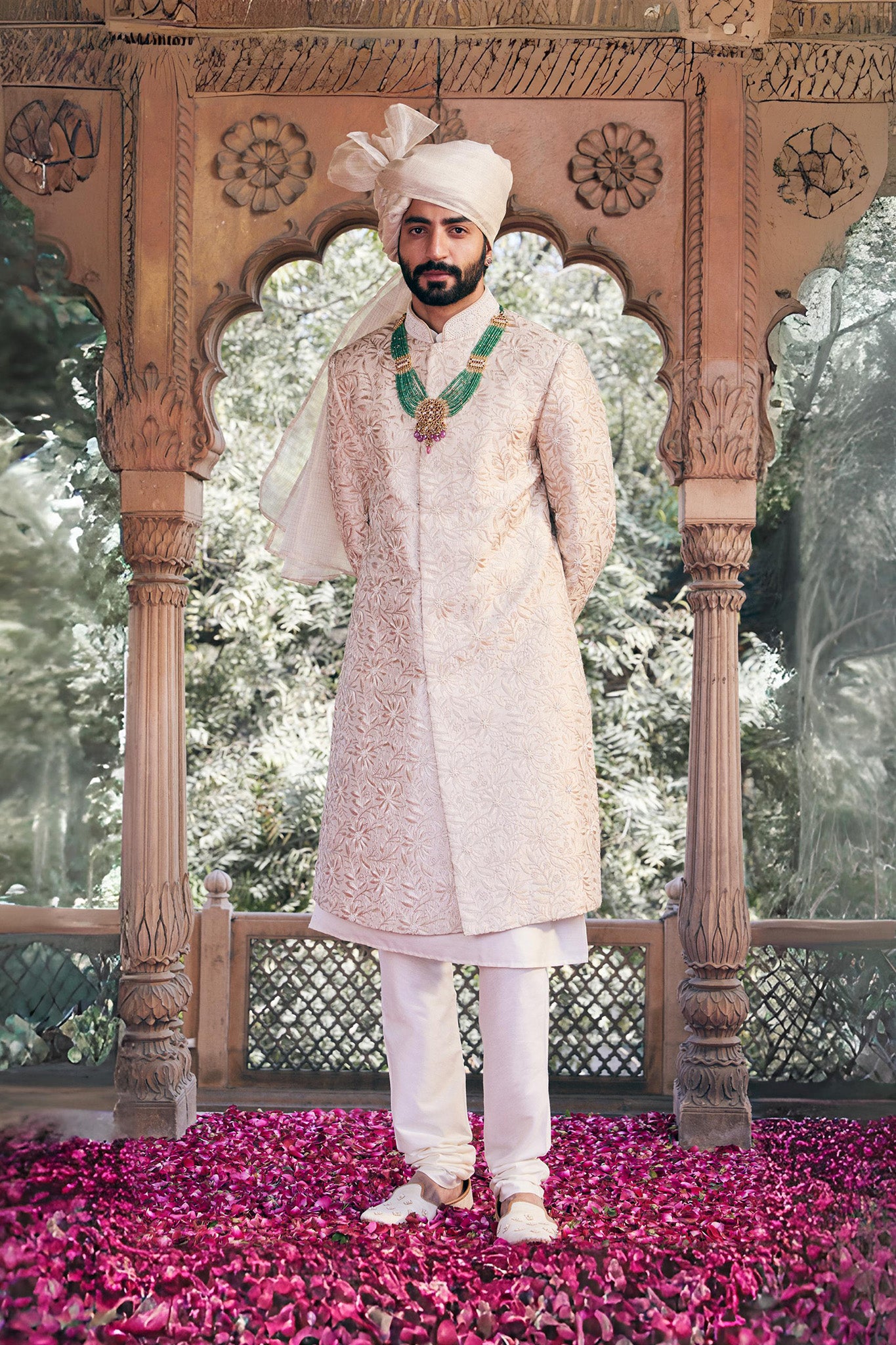 Cream Floral Embroidered Sherwani with Threadwork AND MOTI HAND EMBROIDERY HIGHLIGHTS