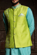 Load image into Gallery viewer, TURQ  KURTA WITH LIME RAW SILK JACKET AND  PANT
