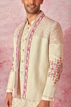 Load image into Gallery viewer, Cream Linen Bandhgala with Jaquard Silk Kurta Set
