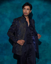 Load image into Gallery viewer, Midnight Blue Hand embroidered short jacket set
