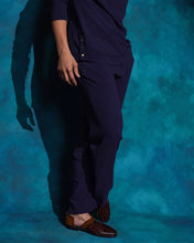 Load image into Gallery viewer, Midnight blue hand embroidered blue sequened short jacket set
