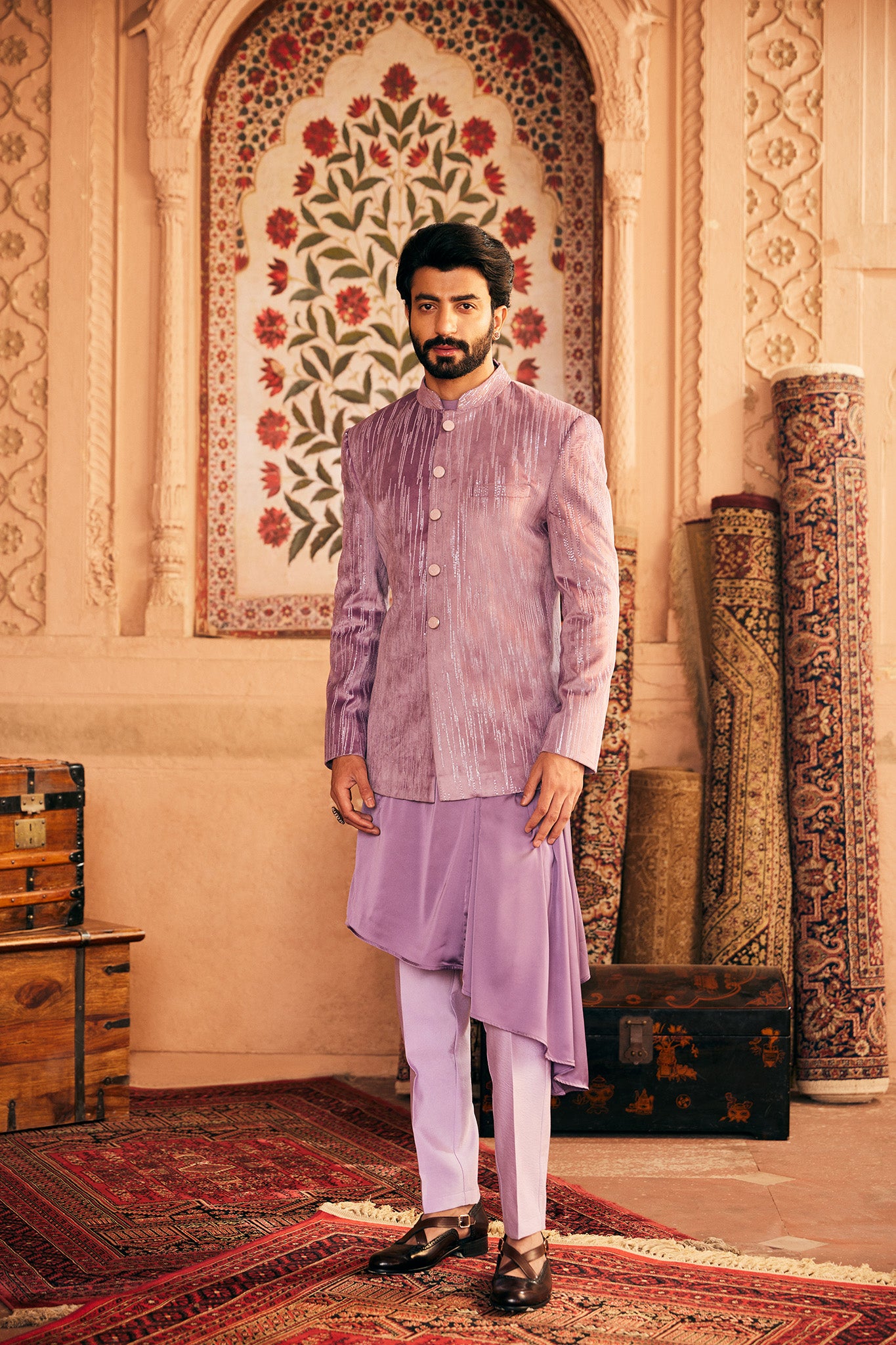 Purple Velvet Sequins Embroidered Bandhgala
