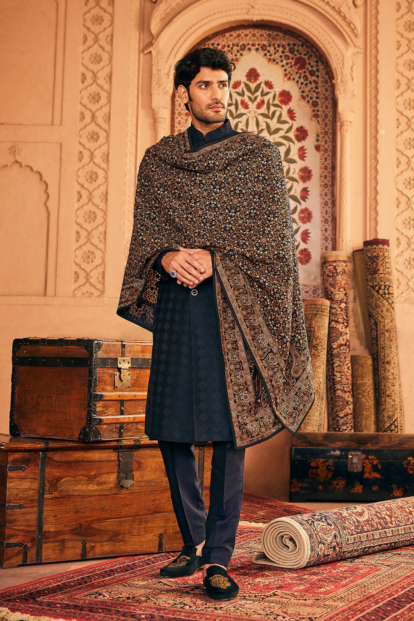 Classic Navy Blue Kashmiri RESHAM EMB Sherwani