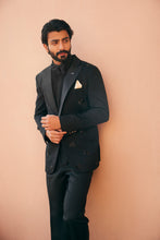 Load image into Gallery viewer, Nocturnal Sophistication: Black Tuxedo Suit with Katdana, Nalki, and Moti Motifs
