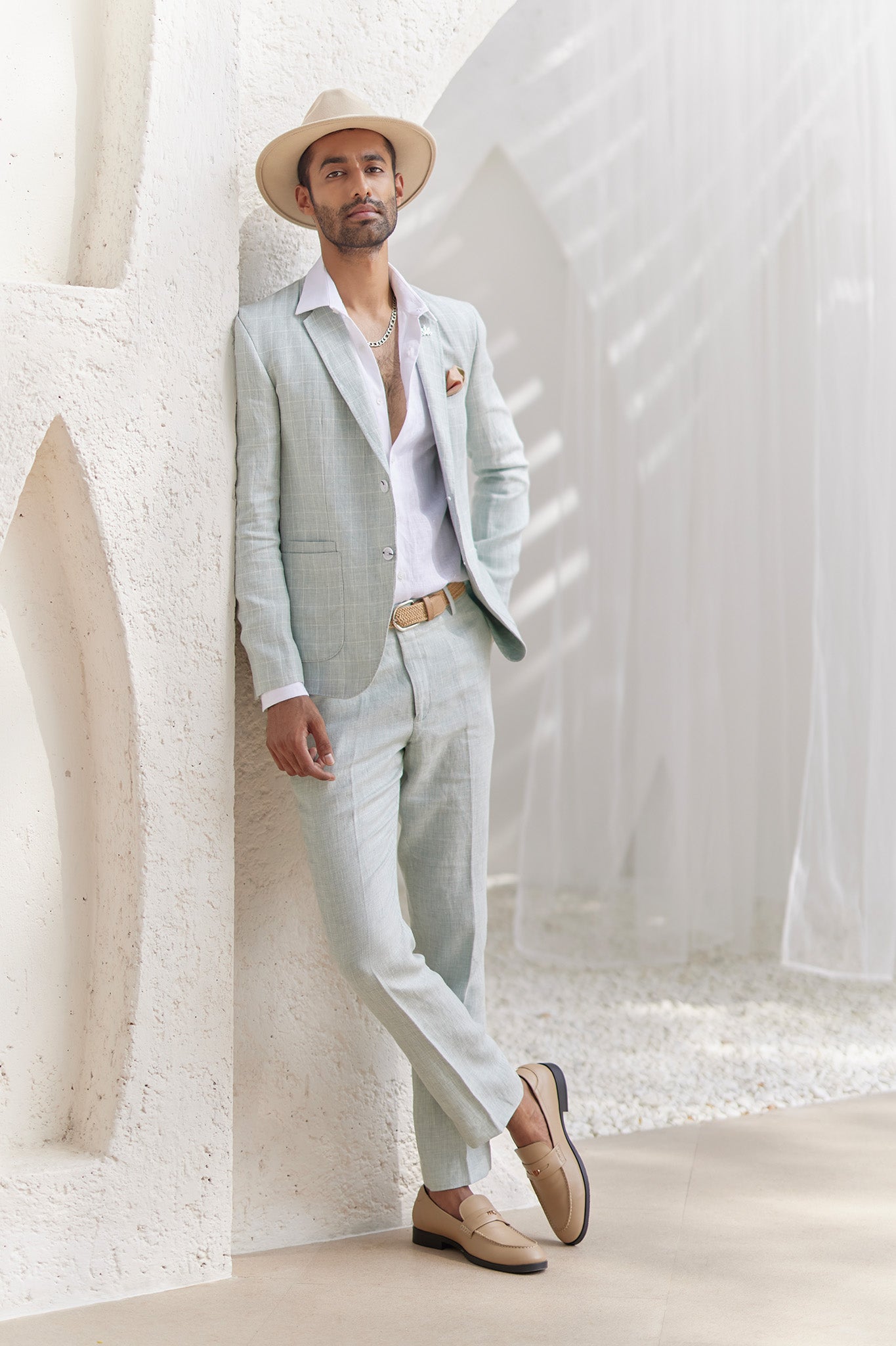 Powder Blue Windowpane Check Blazer Set