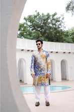Load image into Gallery viewer, Mustard and Blue Tie-Dye Resham Embroidered Kurta
