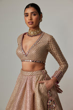 Load image into Gallery viewer, DEEP BEIGE MULTICOLOR V NECK CROP TOP WITH SKIRT

