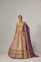 Load image into Gallery viewer, MUSTARD MULTICOLOR HEAVY METALLIC LEHENGA WITH MUD MAUVE DUPATTA
