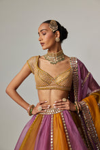 Load image into Gallery viewer, MUSTARD MULTICOLOR LINEAR LEHENGA WITH CAP SLEEVE BLOUSE
