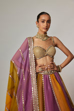 Load image into Gallery viewer, MUSTARD MULTICOLOR LINEAR LEHENGA WITH SWEETHEART NECK BLOUSE
