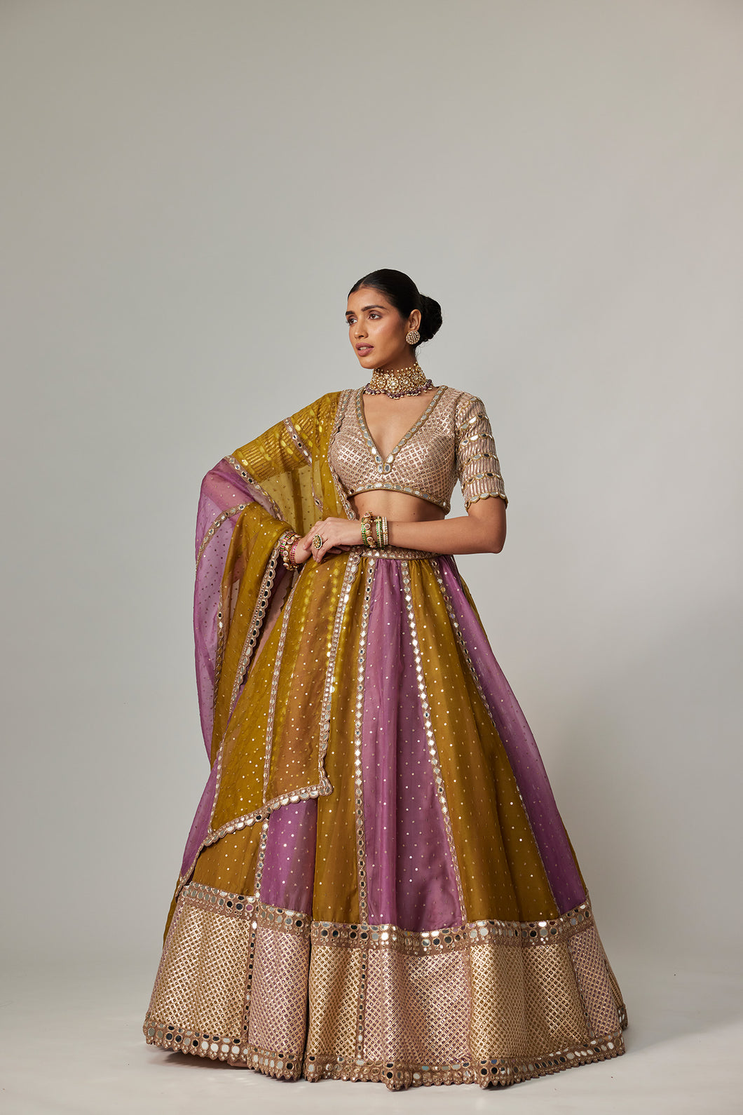 GREEN MULTICOLOR SEQUIN SCATTER LEHENGA WITH V NECK ELBOW SLEEVE BLOUSE