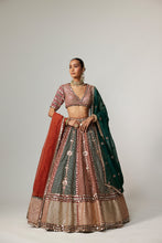 Load image into Gallery viewer, CRANBERRY MULTICOLOR LINEAR FLOWER LEHENGA SET WITH DOUBLE DUPATTA
