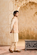 Load image into Gallery viewer, BEIGE FLORAL BUNDI JACKET KURTA CHURIDAR
