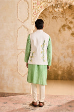 Load image into Gallery viewer, IVORY 3-D EMBROIDERED FLORAL WORK BUNDI WITH JADE KURTA CHURIDAR
