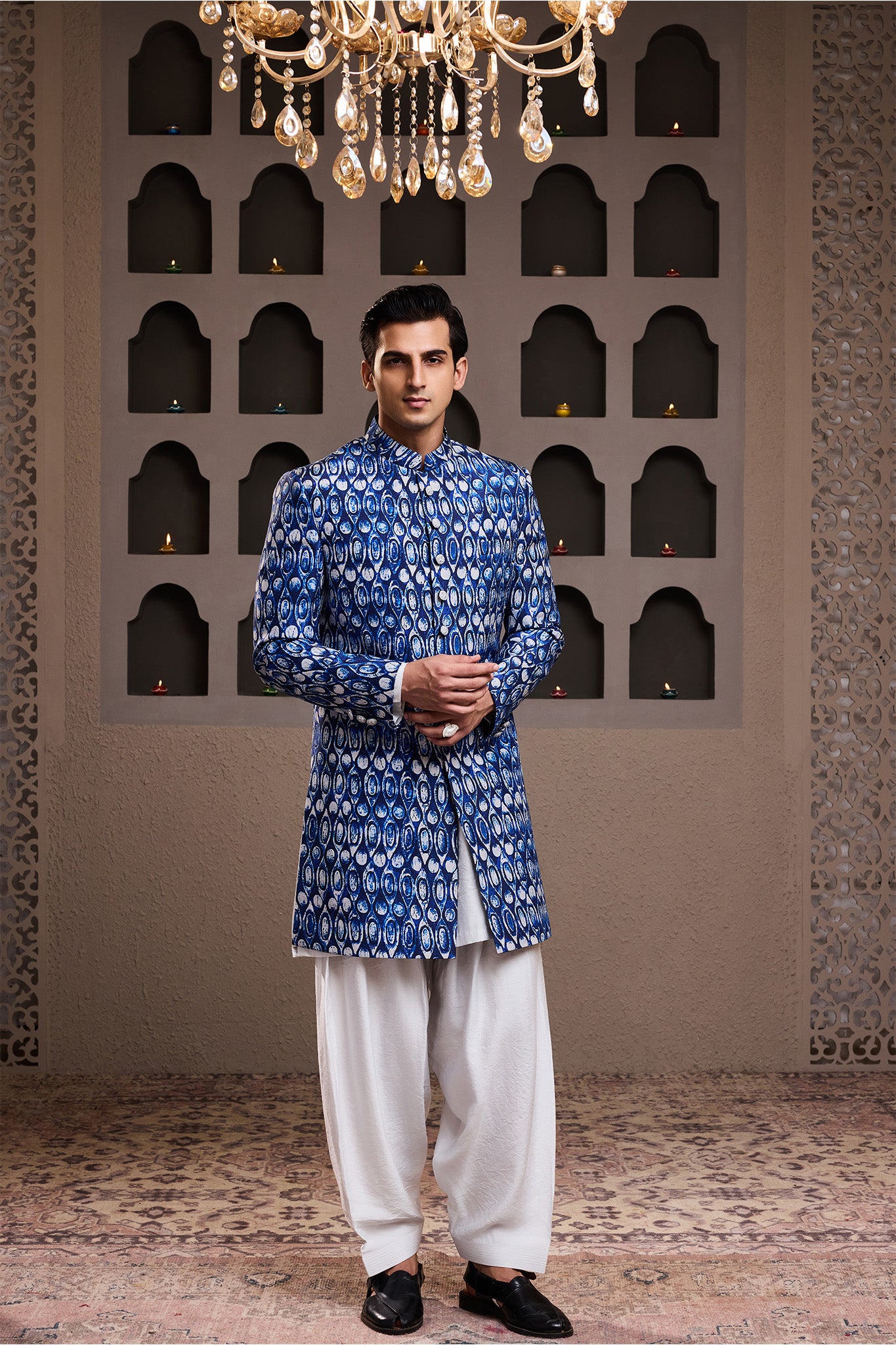 INDIGO PRINTED SHERWANI WITH KURTA SALWAR