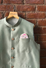 Load image into Gallery viewer, Creme Kurta and Pant with Sage Green Raw Silk Vest
