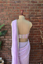Load image into Gallery viewer, Lavender Pre-draped saree with mirror work blouse
