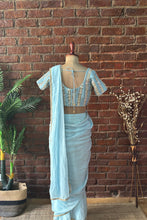 Load image into Gallery viewer, Sky Blue Pre-draped saree with mirror work blouse
