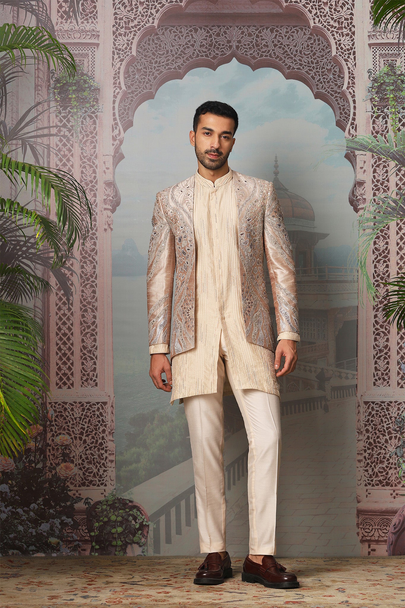 Nawabi Gold Open Embroidered Indowestern Set