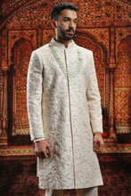 Load image into Gallery viewer, Cream Raw Silk dabka Embroidered Sherwani
