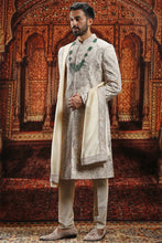 Load image into Gallery viewer, Beige Raw Silk moti Embroidered sherwani
