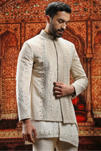 Load image into Gallery viewer, Beige Velvet Bandhgala with Asymmetrical Kurta
