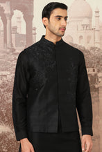 Load image into Gallery viewer, Black Aura Embroidered Raw Silk Kurta Bundi Set
