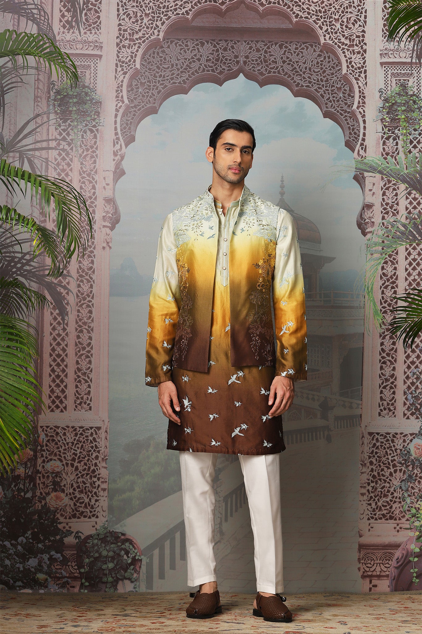 Sunset Golden Floral Embroidered Open Kurta Bundi Set