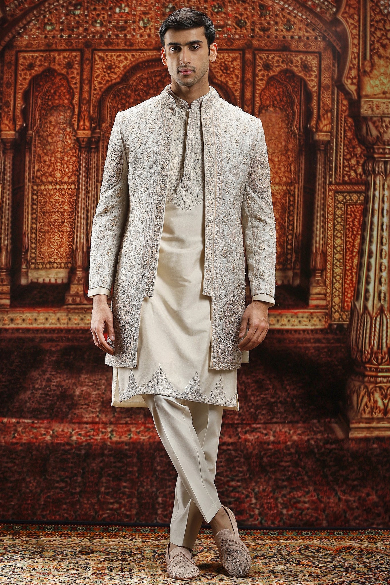 Ivory Jaquard Sherwani with Velvet Patchwork