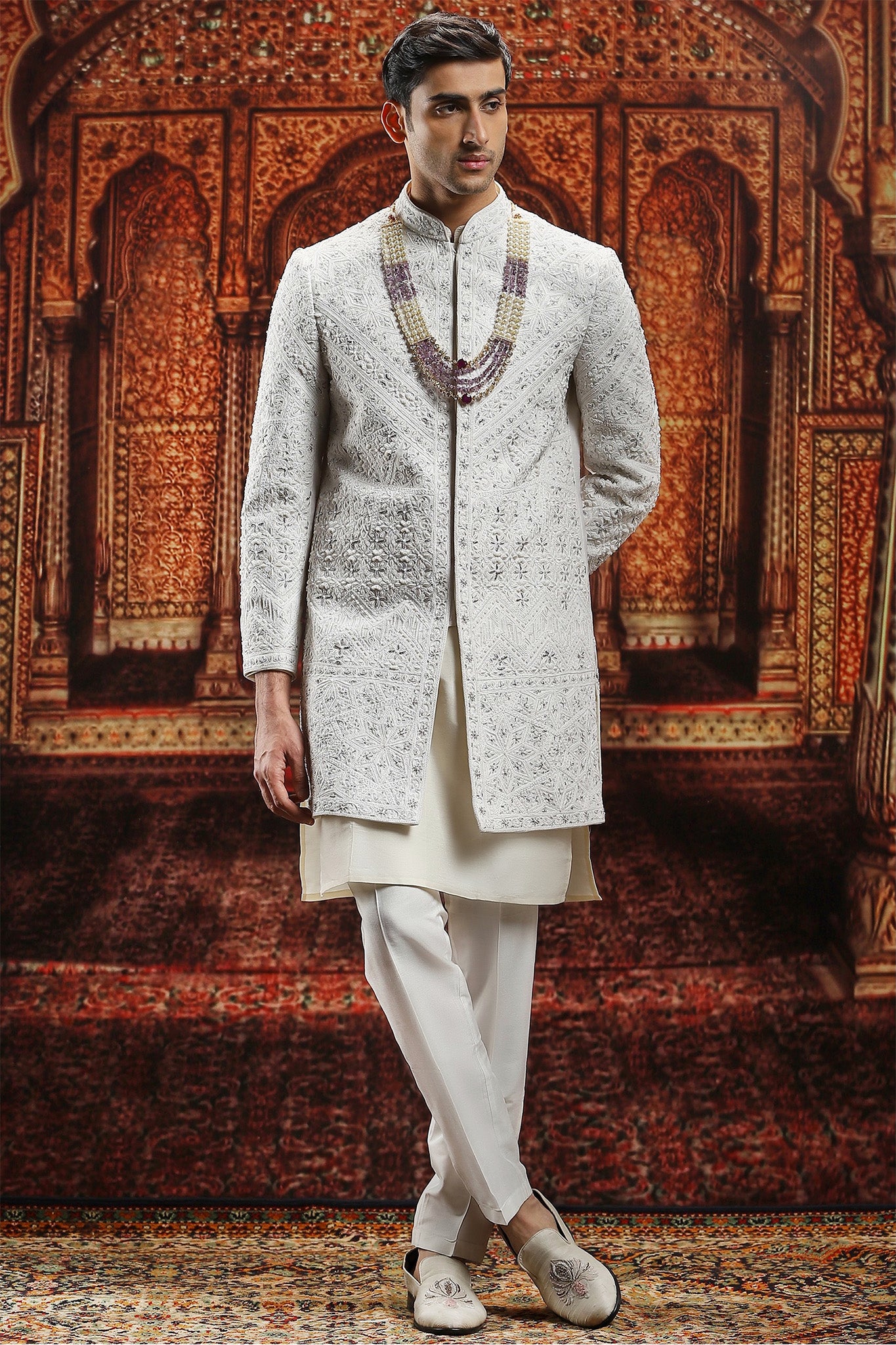 Ivory Silk Sherwani with Resham Embroidery