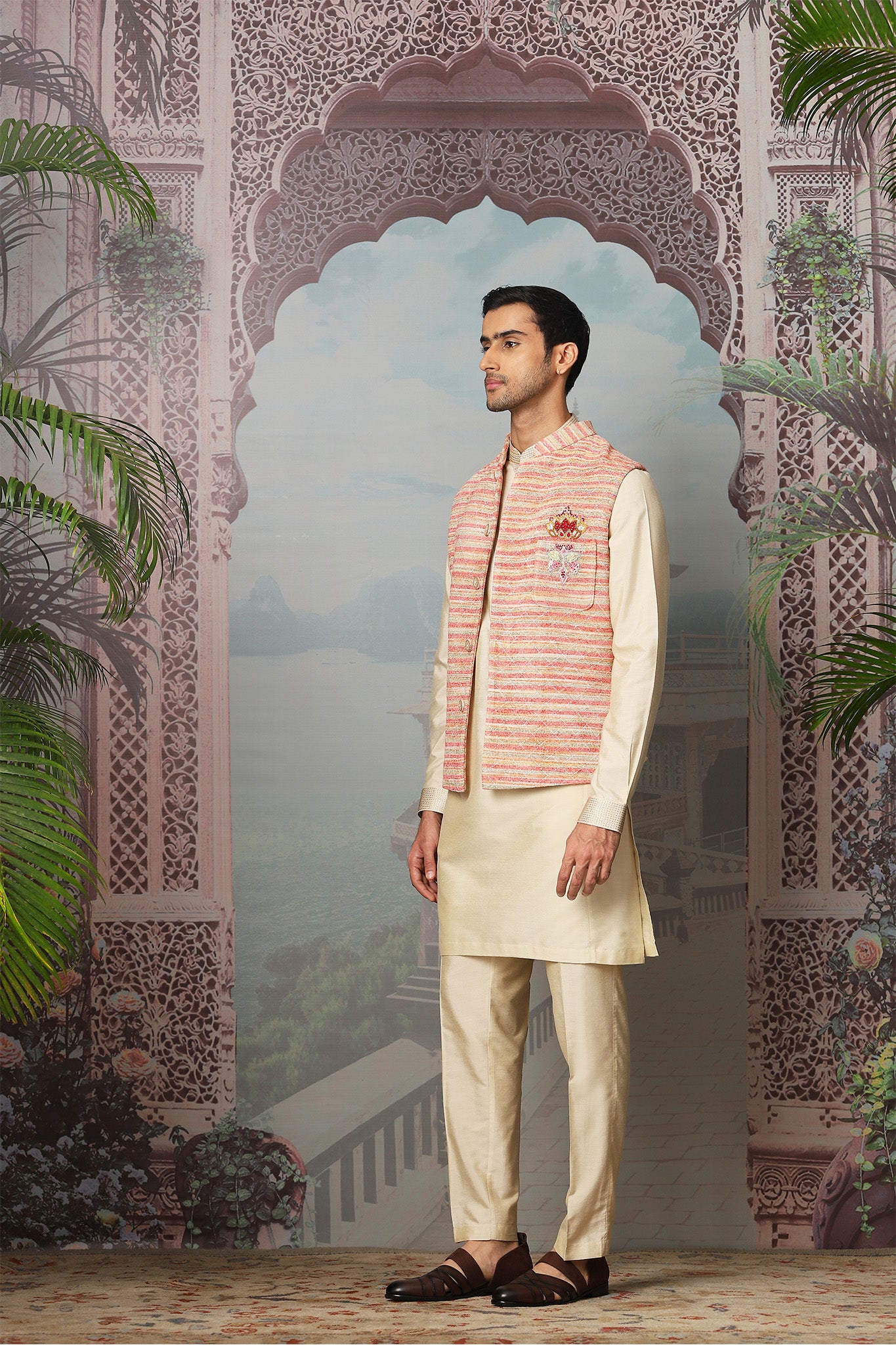 Gul Kantha Linen Embroidered Kurta Bundi Set
