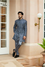 Load image into Gallery viewer, ROYAL BLUE MATKA SILK WORKED SHORT SHERWANIWITH KURTA AND TROUSER
