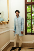 Load image into Gallery viewer, POWDER BLUE RAW SILK OPEN SHERWANI  JACKET WITH KURTA AAND TROUSER
