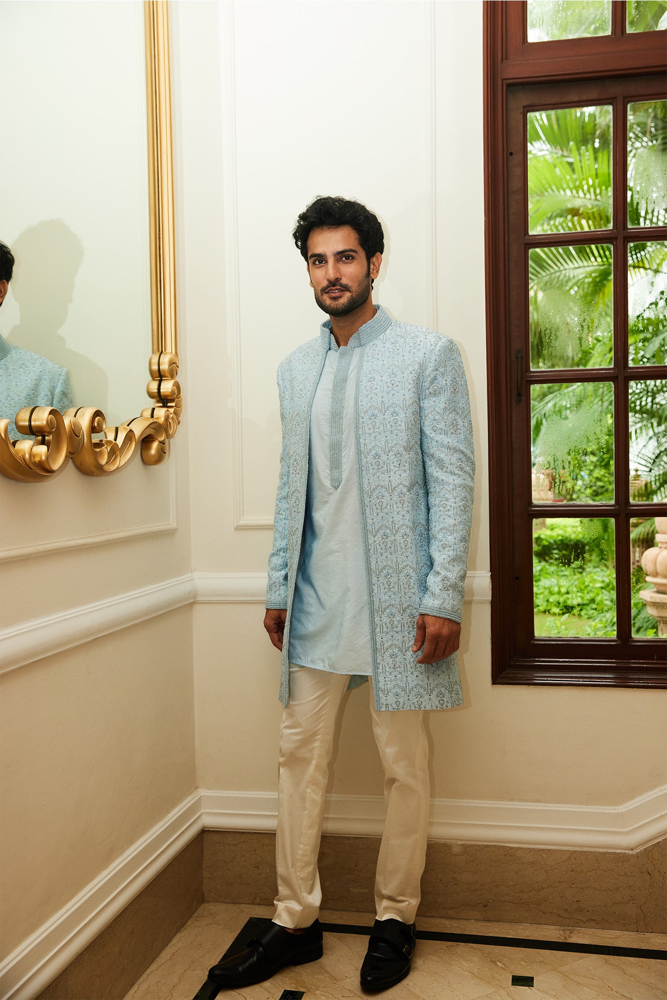 POWDER BLUE RAW SILK OPEN SHERWANI  JACKET WITH KURTA AAND TROUSER