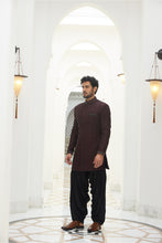 Load image into Gallery viewer, BURGUNDY RAW SILK EMBROIDERED SHORT SHERWANI WITH KURTA AND SALWAR
