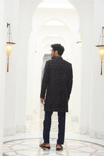 Load image into Gallery viewer, MIDNIGHT BLUE EMBROIDERED  VELVET SHORT SHERWANI WITH KURTA AND TROUSER
