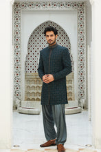 Load image into Gallery viewer, TEAL BLUE RAW SILK SHORT SHERWANI WITH GUNMETAL GREY KURTA AND SALWAR
